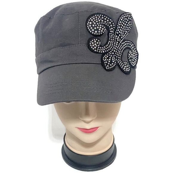 D and Y Accessories Women's Hat Fleur De Lis Rhinestone Elastafit Black Stretch - Picture 4 of 8